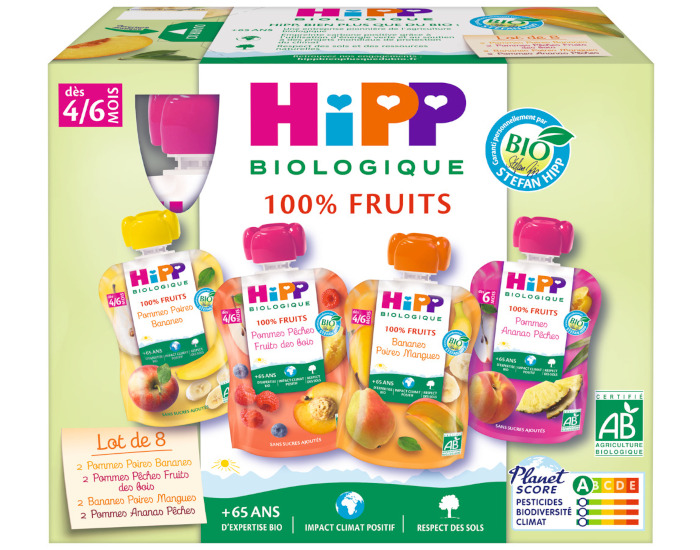 HIPP Gourdes 100% Fruits Multipack 4 Varits - 8 x 90g - Ds 4-6 mois