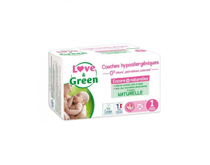 LOVE & GREEN  Couches Hypoallergniques - Taille 1 (2  5 Kg) - Paquet de 44 couches