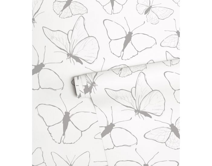 LILIPINSO Papier Peint - Picnic Day - Papillons - Bleu Gris Rouleau 10 m