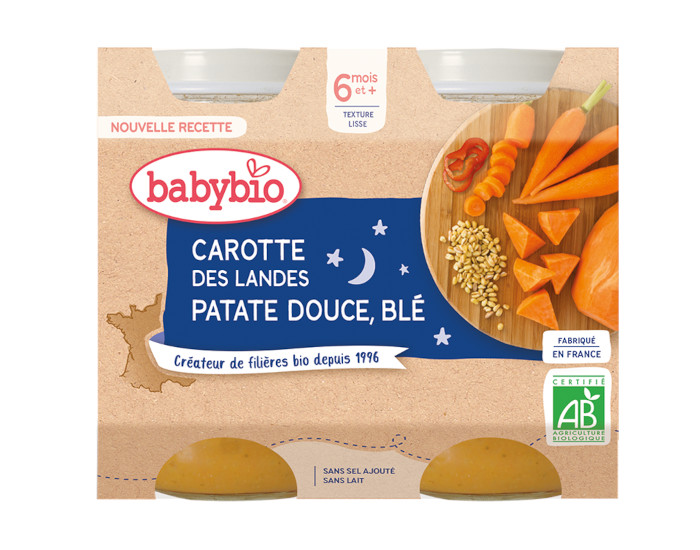 BABYBIO Petits Pots Bonne Nuit - 2x200g - Ds 6 mois Carotte des Landes, Patate Douce & Bl - 6 M