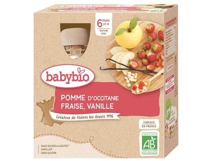 BABYBIO Gourdes - 4x90g - Ds 6 mois Pomme - Fraise - Vanille