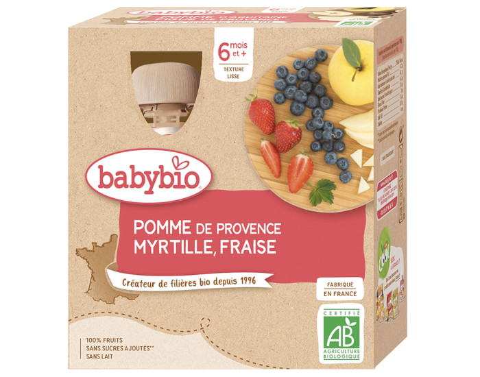 BABYBIO Gourdes - 4x90g - Ds 6 mois Pomme - Myrtille - Fraise