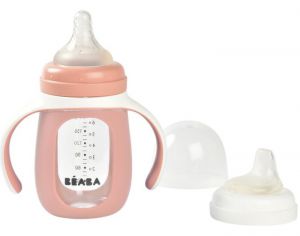 BEABA Biberon d'Apprentissage en Verre avec Housse Silicone Pink - Ds 4 mois - 210 ml