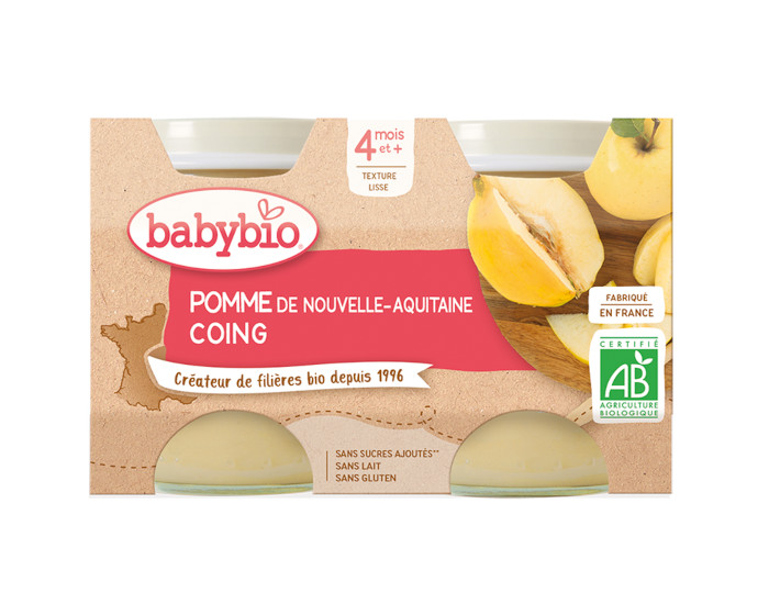BABYBIO Mes Fruits - 2 x 130 g Pomme d'Aquitaine & Coing - 4 mois