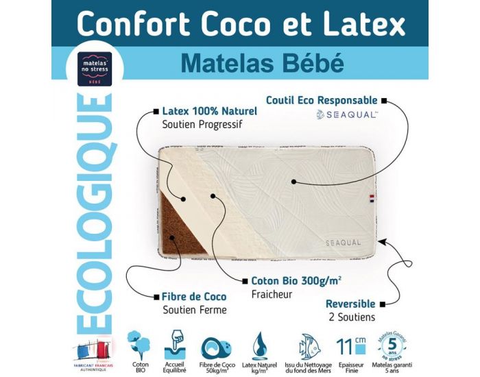 MATELAS NO STRESS Matelas Bb Fibres de Coco et Latex Naturel - Coutil Seaqual - 10 cm (4)