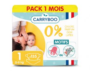 CARRYBOO Couches cologiques Non Irritantes T1 / 2-5 kg / Lot x5 - 81 couches